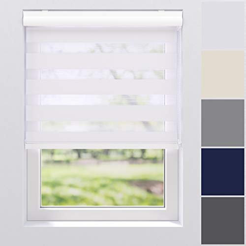 Doppelrollo Duo Rollo Kettenzugrollo Seitenzugrollo Rollo für Tür und Fenster Breite 40 bis 220 cm Höhe 130, 175 und 240 cm Wand- und Deckenmontage Abdeckblende aus Aluminium (80 x 130 cm, Weiß)