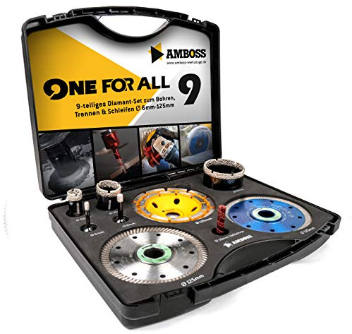 Amboss - Set Diamant-Lochsägen + Trennscheiben + Schleiftopf/One For All Set 9 / Ø 6-125 mm/perfekt für Sanierungen im Küchen- und Sanitärbereich/geeignet für Winkelschleifer