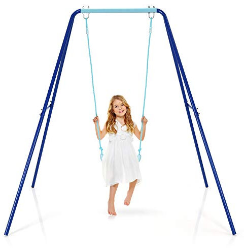 COSTWAY Kinderschaukel mit Gestell, Gartenschaukel mit Bodenpfähle, Schaukelgestell bis 50kg belastbar, Schaukelsitz für Kinder ab 3 Jahren