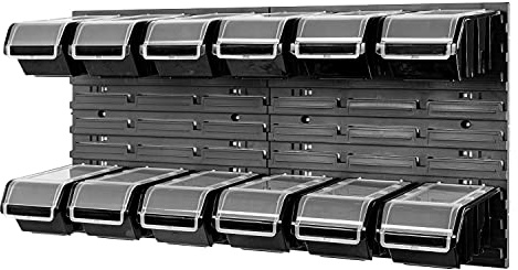 PAFEN Stapelbox Wandregal 772 x 390 mm - Lagersystem 12 Stück Boxen mit Deckel - Lagerregal Sichtlagerkästen Schüttenregal, Schwarz