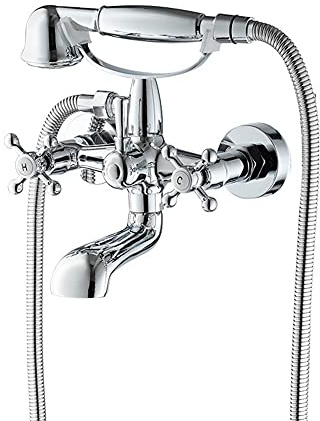 Rubinetto Vasca Bagno Con Doccetta Due Maniglie Rubinetto Miscelatore Vasca A Parete Con Supporto E Tubo Da 150Cm, Ottone Cromato