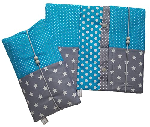 die-kreative-fee Handmade Windeltasche Stoff 4 Fächer Windelorganizer | mit Elastikkordel, geöffnet ca. 33x27 cm, ideal für unterwegs, graue Sterne und farbige Pünktchen unterteilt