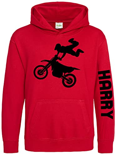 Purple Print House Custom Name Motocross Kids Hoodie, Personalised Text Gifts For Boys and Girls, Unique and Cool Birthday Christmas Motorbike MX Bike Rider Hoody, Hooded Dirtbike Jumper Gift