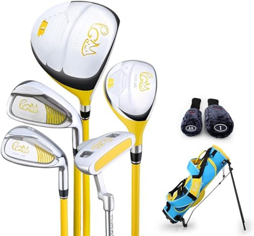 PGM Juego completo de palos de golf junior para niños, 3-5 grupos de edad, 5 palos de golf con bolsa de soporte y 2 fundas para la cabeza para niños y niñas, mano derecha, amarillo