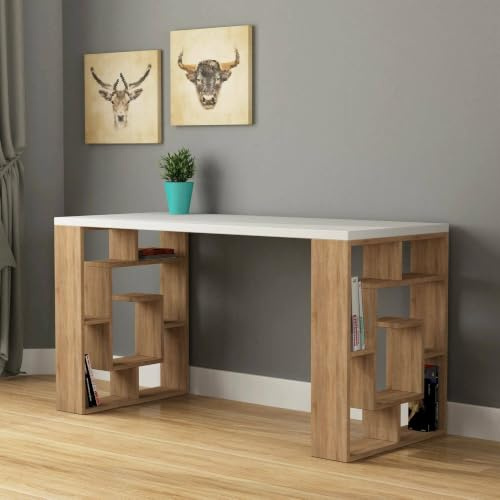 Dmora - Scrivania Kallisto, Scrittoio Multiuso, Tavolo per Ufficio Porta PC, Piano di Lavoro, 140x60 h75 cm, Bianco e Quercia