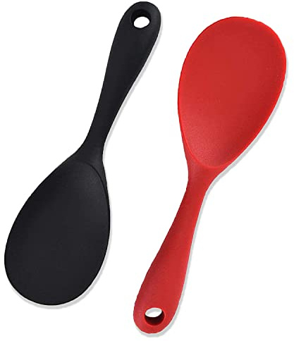 2 Stück Kochlöffel Silikon Set, Servierlöffel, Antihaft Reislöffel, Reis Kocher Kochlöffel, Funktioniert für Reis, Reiskocher, Kartoffelpüree Oder Mehr (Schwarz & Rot)