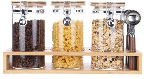 3-Pack Protein Powder Storage Containers with Bamboo Stand - 1200ml Large Borosilicate Glass Canisters for Collagen Powder & Supplements - Airtight Locking Lids & 3 Wood Handle Scoops, 40oz