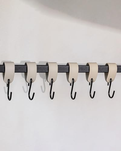 Metallbude Kleiderhaken S-HAKEN - 6er Set in Beige/Schwarz - Modernes Design - Garderobenhaken aus Hochwertiger Lederschlaufe & Stahl - 10 cm