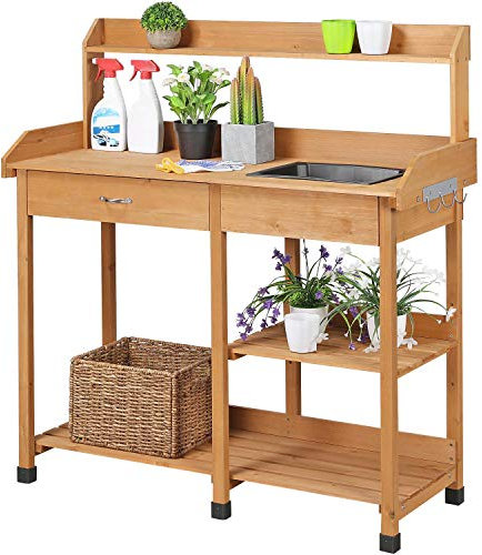 Yaheetech Garden Potting Table, Wood Potting Bench Removable Sink Drawer Planting Germination Workstation w/Open Shelves & Side Hooks for Patio, Balcony, Yard & Lawn