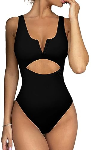 Meyeeka One Piece Swimsuit Women Tummy Control Bathing Suit High Waisted Bathing Suits for Women L Black