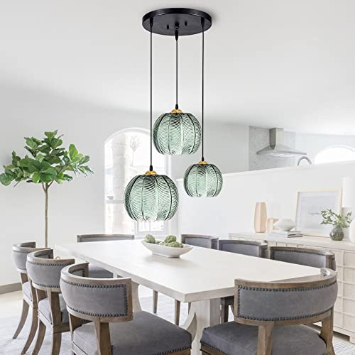 KOSHSH Pendelleuchte Esstisch Grün Glas Hängelampe 3-flammig Esstischlampe Hängend Moderner Hängeleuchte Pendellampe Glaskugel Wohnzimmerlampe, Höhe max150cm,3 x E27(3 flammig)