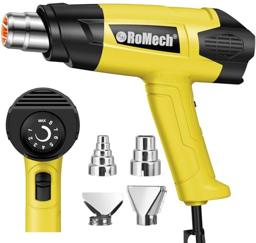 ROMECH 1500W Heavy Duty Heat Gun, Variable Temperature Control Hot Air Gun Kit with 2 Air Flow 120°F~1200°F and 4 Nozzles for Crafts Shrink Wrap (Yellow)
