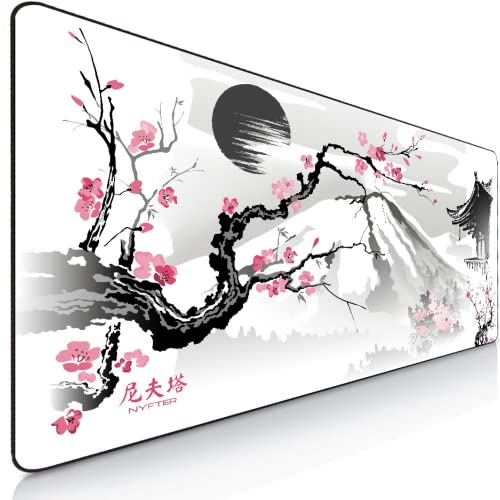 Nyfter – 3XL spelmusmatta Sakura vit 1 200 x 600 mm premium Fuji musmatta storlek stora sydda kanter hållbar med hög glide och halkfri speed gaming-musmatta