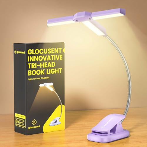 Glocusent Innovative Tri-Head Reading Light for Books in Bed, 3 Colors & 5 Brightness Levels, 1000mAh Rechargeable Book Light with 30-Min Timer, 10-100Hrs, Partner Friendly, Perfect for Book Lovers