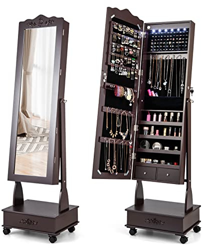 RELAX4LIFE Schmuckschrank, Spiegelschrank mit Ganzkörperspiegel & LED-Lichtern & Schubladen, Schmuckorganizer auf Rollen, Schmuckaufbewahrung Abschließbar & Winkel Verstellbar (Braun)