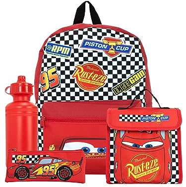 Disney Set di zaini Cars da 4 pezzi | Saetta McQueen Zaino Astuccio Bottiglia d'acqua e Borsa per il pranzo | Zaini per bambini per la scuola e le avventure | Merchandising ufficiale delle auto