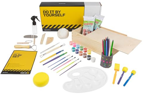 DIBYS Töpfer-Set für Kinder & Erwachsene | Mit Modellier-Werkzeug, Ton lufttrocknend & weiß, Farbe & Pinsel | Bastel-Set zum Töpfern für Zuhause | Kreativ-Set | Originelle Geschenk-Ideen