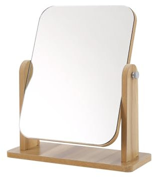 Hniuyun Vanity Mirror with Bamboo Stand, Small Desk Table Mirror with 360° Rotation, Standing Portable Makeup Mirror for Offices Bathroom, Bedroom (Square)