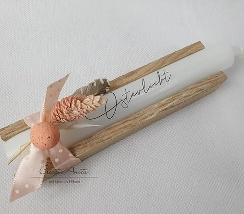 Geschenkkerze - Stabkerze mit Spruch -Osterlicht- Dekoriert mit Trockenblumen, kleinem Osterei in Holzverpackung