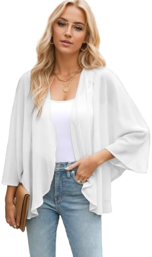 Famulily Elegant White Kimono Cardigans for Women Ladies Open Front Cardigan Shawl Loose Casual Blouse (XL,White)