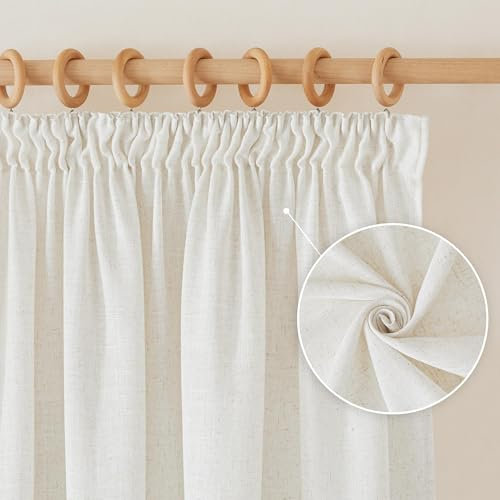 PONY DANCE Cortinas Translucidas de Lino para Riel con Ganchos, Cortinas y Visillos Largas para Ventanas de Salon Modernas 2 Piezas, 140x220cm(AnxAl), Crema