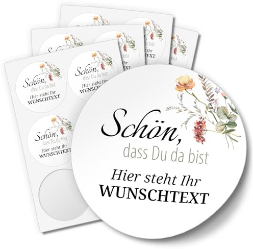Einladungskarten Manufaktur Hamburg 24 PERSONALISIERTE Aufkleber Schön dass Du da bist individualisiert anpassbar mit Ihrem Wunschtext Etiketten rund 4cm, Boho Blumen Floral