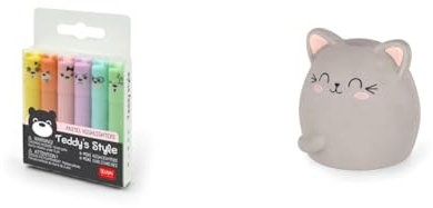 Legami - Teddy's Style, Set di 6 Mini Evidenziatori, 1x7,5 cm, Giallo, Pesca, Rosa, Lilla & Gomma profumata, Aroma Fragola, morbida, 4,5x4 cm