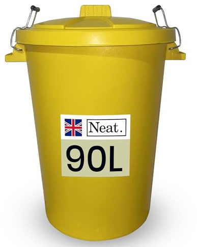 Neat. 90L Large Plastic Bin With Metal Handle and Lid, Heavy Duty Kitchen Container for Indoor Outdoor Waste, Refuse, Garden, or Animal Feed Storage - Yellow, 1 Pack
