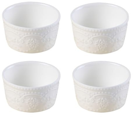 Lot de 4 plats ramequins en céramique blanche en relief, plats à soufflé en porcelaine de couleur unie, plats à crème brûlée pour gelée, crème glacée, dessert, pudding 8.5x4.5cm white