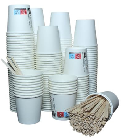 [400 pcs] Gobelets jetables en carton 120ml, Tasses/Verres jetables 4 oz pour Café et Espresso, Gobelet de haute qualité et très résistant à toutes les boissons chaudes, avec agitateurs à café en bois