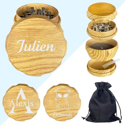 KDO-MAGIC Grinder personnalisé 50x42mm (Bois clair) | Idée cadeau anniversaire, homme, femme | Broyeur à herbe personnalisable prénom gravé | Tamis pour herbes séchées