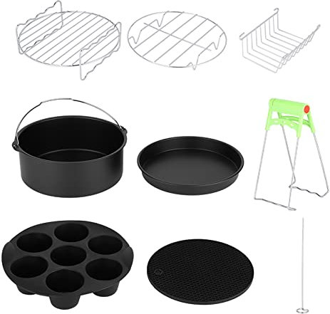 Lybunair 8in Air Fryer Accessories, 8pcs Set Kit with Metal Holder, Skewer Rack, and Cake Barrel