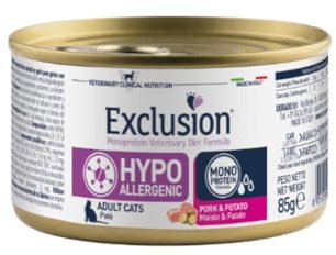 Exclusion Hypoallergenic Gatto umido,alimento completo per gatti adulti di tutte le taglie con intolleranze alimentari,ipoallergenico,gusto Maiale e Patate| 12 lattine da 85 grammi l’una.