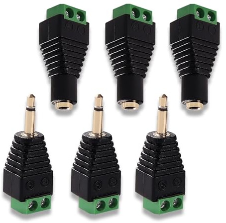 KUOQIY 6 Stücke 3.5mm Schraubanschluss, 3.5mm TS Mono Stecker/Buchse auf 2 Pin Schraubklemme, AUX-Kopfhörer Balun Lötfreier Konverteradapter mit Schraubendreher