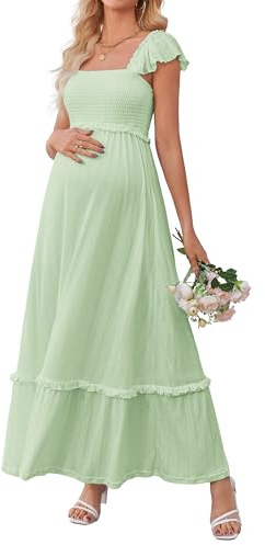 OUGES Women's Ruffle Summer Baby Shower Maternity Dress(Light Green,M) | Lightweight, Breathable, Maternity Dress for Photoshoot 2026, Summer Smocked Elegant Baby Shower Dress, Flowing