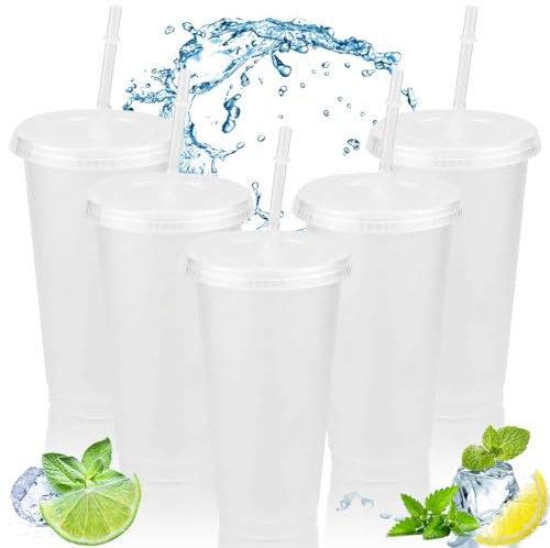 Clear Plastic Cups with Lids and Straws, 5Pcs Reusable & BPA Free Iced Water Cups, Cold Drinking Tumblers, Custom Cup for Coffee Smoothie Juices, Party Cup Bulk for Adult Kid Women (24oz/720ml)