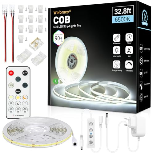 Striscia LED COB 10 m, luce bianca fredda 6500 K, 24 V, dimmerabile, flessibile, con alimentatore di rete e telecomando, 8 mm di larghezza, CRI 90 + ad alta densità per decorazione della casa, scale
