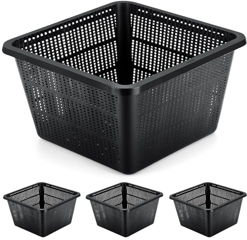 RimCereal 4 Pcs Aquatic Plant Baskets for Hydroponics Water Garden Plant Pots Black Plastic Mesh Basket 9 x 9 x 5.2 Inch Square Pond Containers for Island Live Aquarium Botany Flowers