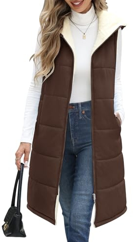 Yuson Girl Chaleco Mujer Chaqueta Invierno Largo Chalecos sin Mangas Vestir Moda Grueso Abrigos de Para Capucha Exteriores Acolchados Calentador Chaquetón con Cremallera(Café, XL)
