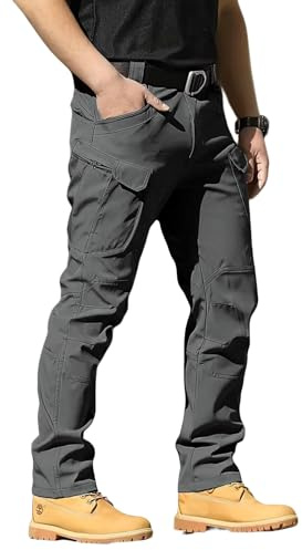 Boonlight Men's Lightweight Tactical Pants, Water Resistant Hiking Cargo Pants with Multiple Pockets for Outdoor (No Belt), Dark Grey
