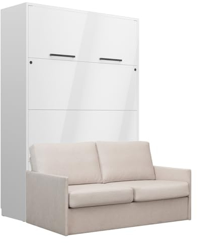 QMM Schrankbett Wandbett vertikal GN 140x200 weiß Hochglanz mit LED und Sofa (Beige - Emma 03)