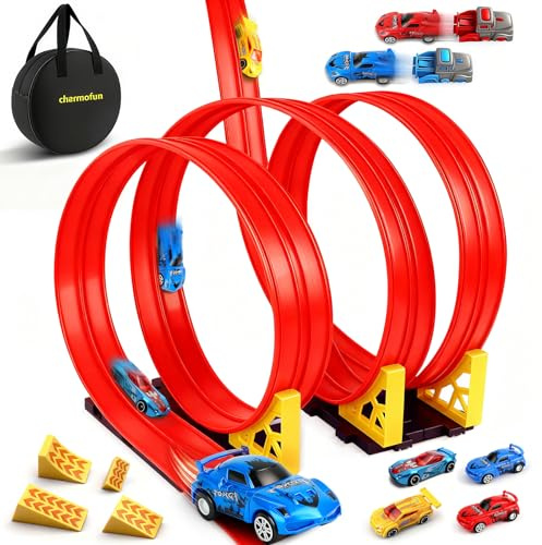 Charmofun Pista Macchinine Flessibile 5M, Giocattolo Piste da Corsa con 4 Auto, Borsa Stoccaggio, Circuito di Corse per Bambini con Rampa e Catapult, Portatile Pista per Bambini 3+ Anni (Rosso)