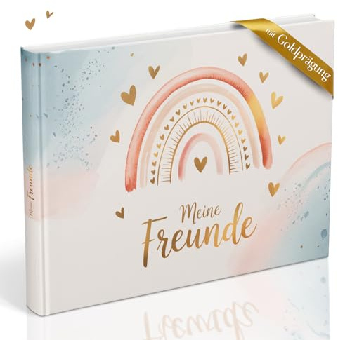 Freundebuch für die Schule mit Regenbogen-Motiven | Erinnerungsbuch zum Ausfüllen mit Platz für 30 Freunde & 5 Wegbegleiter (z. B. Lehrer) | Beliebtes Geschenk für Mädchen im Grundschulalter