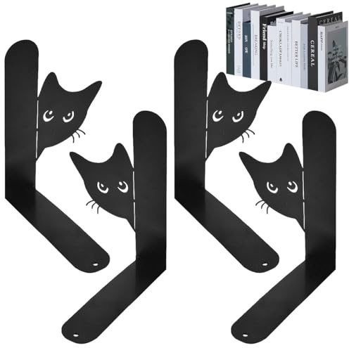 EAAGHK 2 Paar Buchstützen aus Metall, 18x15x12.3 cm Katzen Bücherstützen Katzenmotiv Schwarz L-förmige Bücherhalter für Regal Magazine Bibliothek Schule Schlafzimmer Schreibtischorganisation