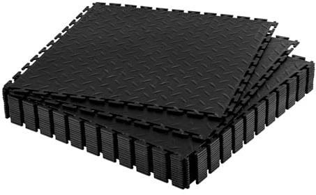 VEVOR Suelo de PVC para Garaje, 513 x 513 x 5 mm, Instalación por Clic, Alfombrillas Antideslizantes de PVC con Placa Diamantada para Taller, Almacén, Cuarto de Herramientas, Color Negro, 16 uds