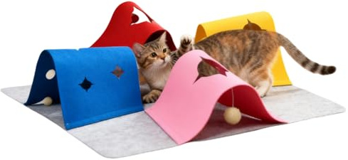 Katzen Spielmatte - 4-in-1 Tunnel Spielteppich | Faltbarer Aktivitätsteppich Mit Löchern | Für Innen Und Außen Schlafzimmer Wohnzimmer Bewegung Reisen Bereicherung Und Gegen Langeweile