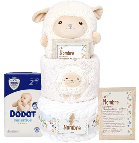 Mababyshop Tarta de Pañales Mi Ovejita con Manta y Peluche (Gris) | Regalo Recién Nacido, 29 Pañales Talla 2, Manta Sherpa, Peluche Ovejita, Marco Personalizado