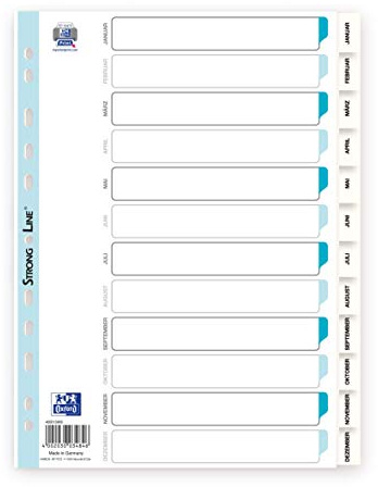 Oxford 400013900 Kunststoff-Register Strong-Line 10er Pack Jan-Dez 12-teilig für DIN A4 Plastikregister mit beschriftbarem Deckblatt weiß Ringbuch Ordner Ring-Mappe