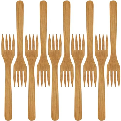 BambooMN Premium Solid Bamboo Dinner Fork 8 - All Natural Reusable Dinnerware - 10 pcs
