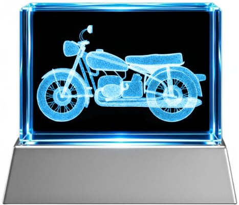 LED Stimmungslicht Motorrad aus Kristallglas – 3D Lasergravur Biker Motiv – Dekorativer Glasquader mit Farbwechsel LED Sockel – Geschenkidee für Männer, Motorrad Fans & Technikliebhaber